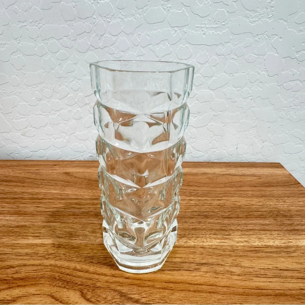 Vintage Clear Heavy Glass Tumbler Vase 6.5” Geometric Triangular French